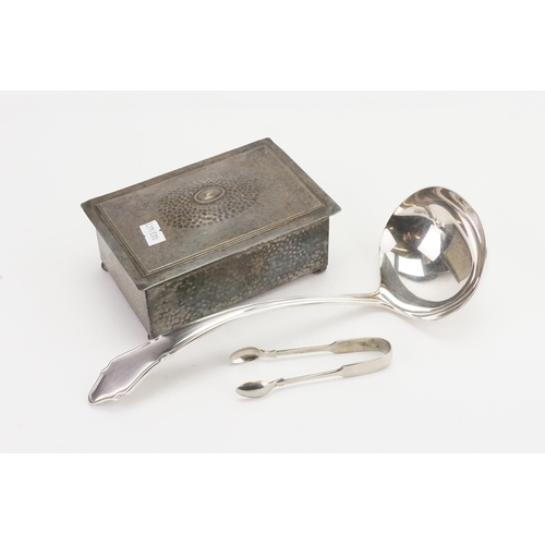 64 - A Silver Plated Sauce Ladle, a Cigarette Box & a Silver Plated Pair of Tongs.