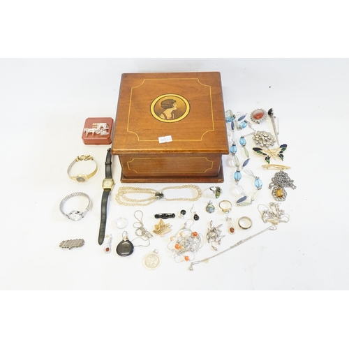 163 - A Box containing a Mizpah Brooch, Silver St. Christopher, 1960s Jewellery in an Oak Box.