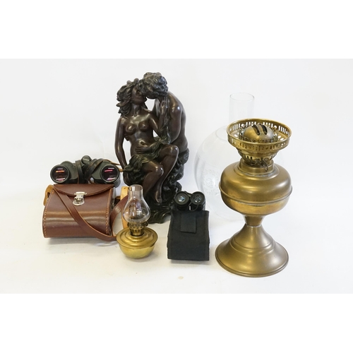 845 - Two Oil Lamps, a Resin Figure, Cameras, etc.