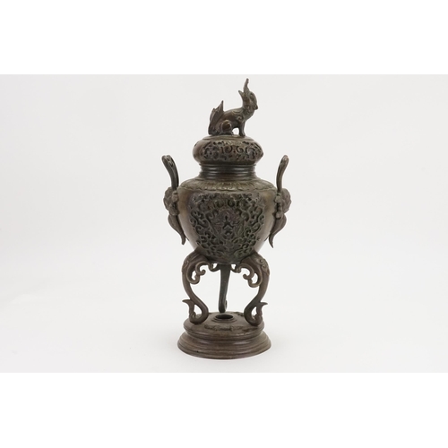 680 - A Japanese Bronze Two Handled Incense Burner decorated Mythological Beasts, Lotus Flowers & stylised... 