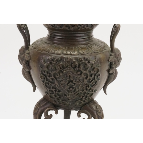 680 - A Japanese Bronze Two Handled Incense Burner decorated Mythological Beasts, Lotus Flowers & stylised... 