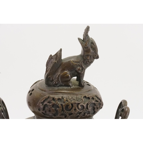 680 - A Japanese Bronze Two Handled Incense Burner decorated Mythological Beasts, Lotus Flowers & stylised... 