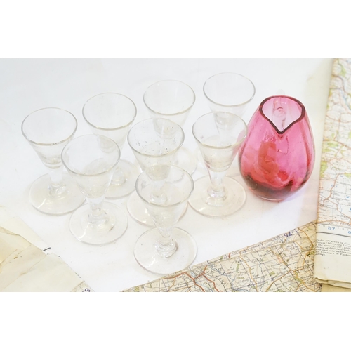 807 - A Set of 8 Hand Blown Glass Lacquer Glasses & a Cranberry Jug along with a Set of Maps.