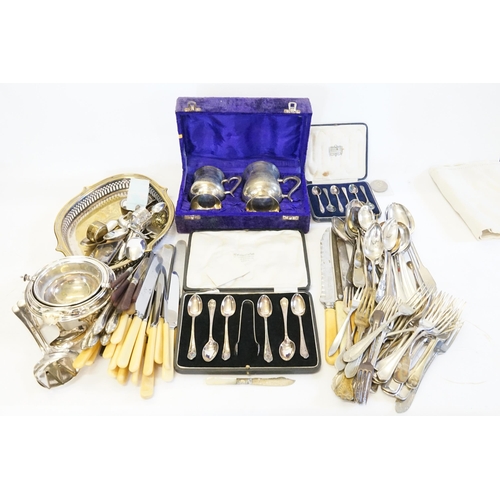 61 - A Collection of Silver Plated Cutlery to include Knives, Tea Spoons, Butter Dish, Tray, etc.