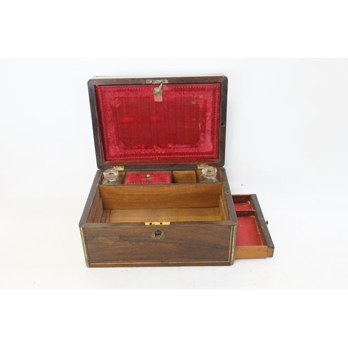 693 - A Victorian Brass Banded Vanity Box fitted with Two Bottles & a Bottom Drawer.