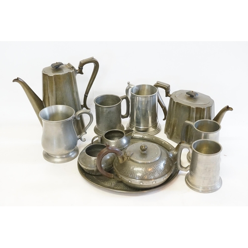 590 - A Collection of Pewter to include a Four Piece Art Nouveau Tea Set, Coffee Pot & Pewter Mugs.