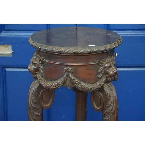 494 - A Late 19th Century design Carved Wood Jardiniere Table with Monopedia Legs, Lions Heads, Swags & re... 