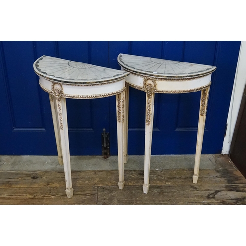 496 - A Pair of Adams design Marble Topped Painted & Semi-Burnished Console Tables resting on square legs ... 