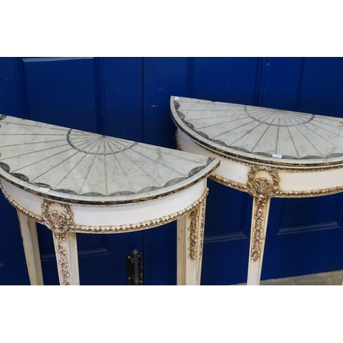 496 - A Pair of Adams design Marble Topped Painted & Semi-Burnished Console Tables resting on square legs ... 