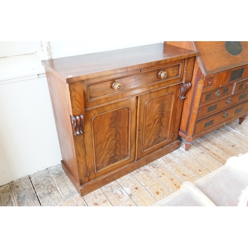 490 - A Mid Victorian Mahogany Secretaire fitted Side Cabinet with turned ring handles & scrolling side co... 