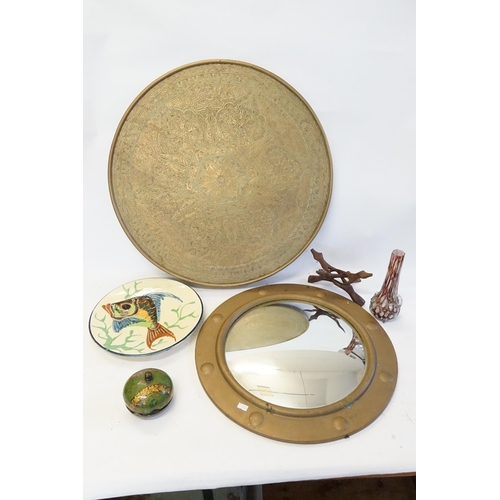 589 - A Brass Topped Tiffin Table, a Brass Framed Mirror, French Fish Plate, Splatter Glass Vase, etc.