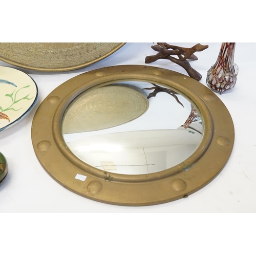 589 - A Brass Topped Tiffin Table, a Brass Framed Mirror, French Fish Plate, Splatter Glass Vase, etc.