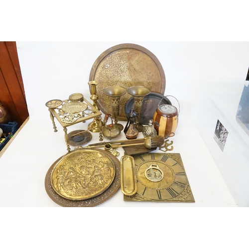 591 - A Pair of Brass Vases, Stand Dish, Trivet, Brass Tray, Clock Face, Embossed Dish, Horse Brasses, etc... 