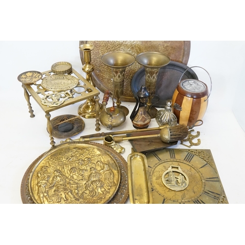 591 - A Pair of Brass Vases, Stand Dish, Trivet, Brass Tray, Clock Face, Embossed Dish, Horse Brasses, etc... 