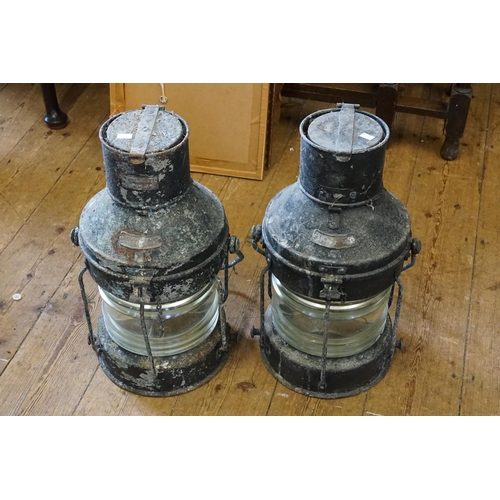 634 - A Pair of Antique & Painted Ribbed Glass Ship's Lights with Swing Handles.