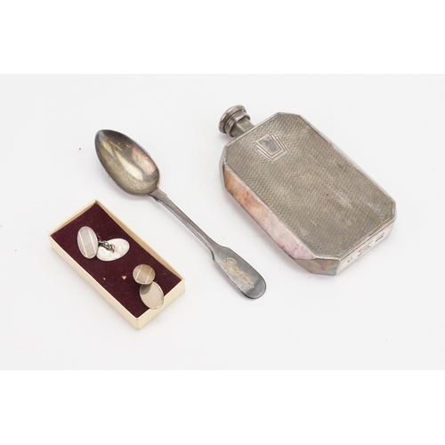 74 - A pair of silver cufflinks, silver spoon (32.7g). Along with a plated flask.