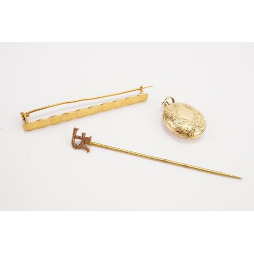 123 - A yellow gold Arabic engraved brooch, along with a tie pin and gold locket. Weight 9.9g