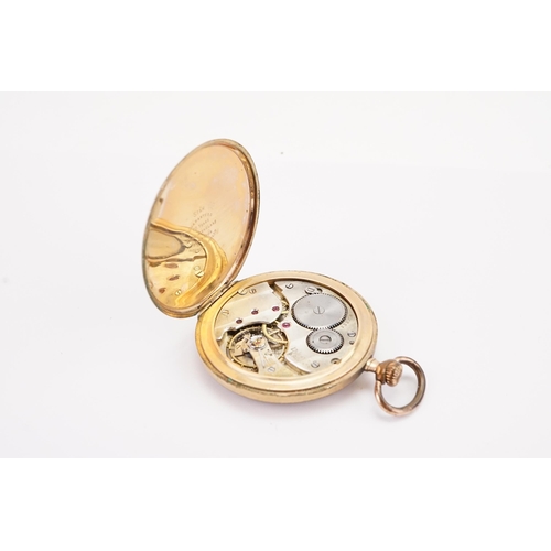 181 - A gold plated black and white enamelled pocket watch, railroad dial, with Dennison case.