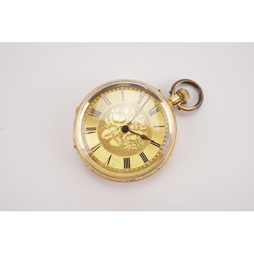 188 - A 18ct gold ladies pocket watch, decorated with floral Victorian etchings. With plated inner cover. ... 