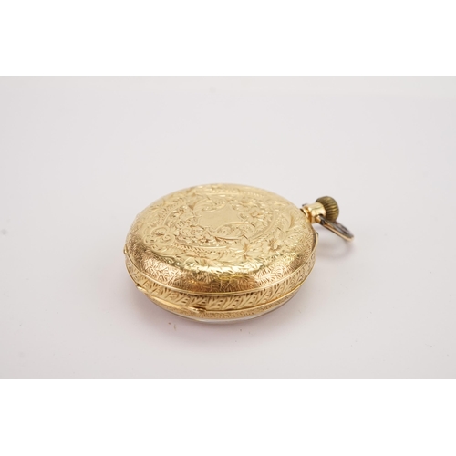 188 - A 18ct gold ladies pocket watch, decorated with floral Victorian etchings. With plated inner cover. ... 