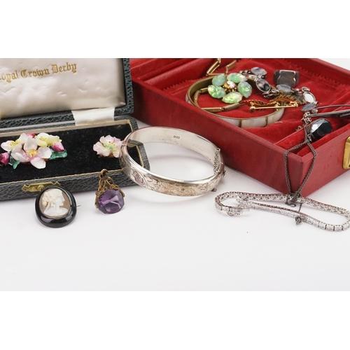 168 - A silver and paste tennis bracelet, along with a silver bangle, costume brooches, amethyst fob, came... 