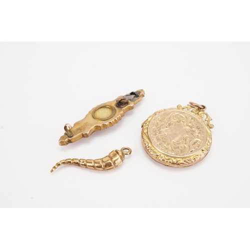 169 - A gold coloured chilli pendant, gold coloured brooch, and a locket.