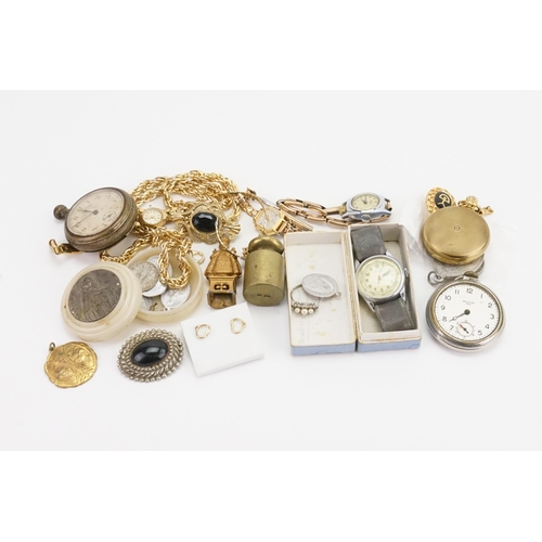 171 - A collection of costume jewellery and watches, to include three pocket watches, chains, brooches etc... 