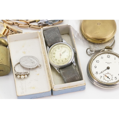 171 - A collection of costume jewellery and watches, to include three pocket watches, chains, brooches etc... 