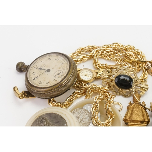 171 - A collection of costume jewellery and watches, to include three pocket watches, chains, brooches etc... 