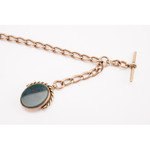 113 - A 9ct gold Albert chain and T bar, hung with a bloodstone fob. Weight 21g excluding fob.