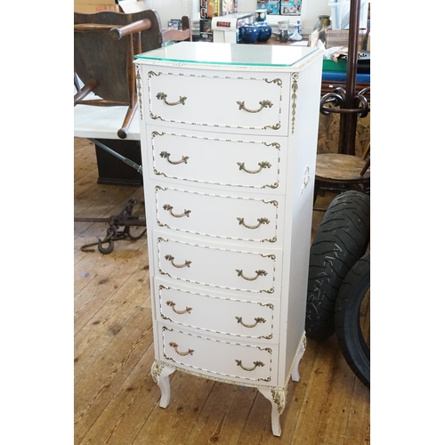 505 - A White & Gilt Enhanced Narrow Chest of Six Drawers in the French Style. Measuring: 47cms across x 3... 