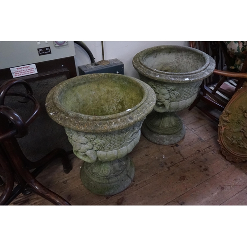 569 - A Pair of Adams Classic Design Concrete Garden Urns of Cistern, Lion Ring Handles & Ogee Base. Measu... 