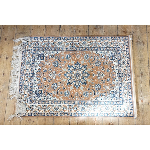 549 - A Orange Ground Isfahan Silk Rug. In Cream & Blue Central Star Quarter Floral & Cream & Blue Triple ... 