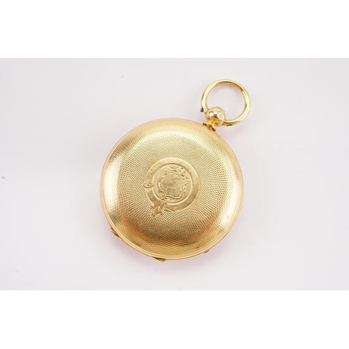 201 - A Victorian 18ct gold open faced pocket watch, engine turned decoration, gold Roman numeral dial. To... 