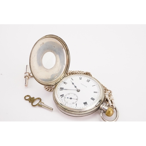 202 - A 1929 silver half hunter pocket watch, 15 jewel mechanism, Hartex, sub second dial and blue enamel ... 