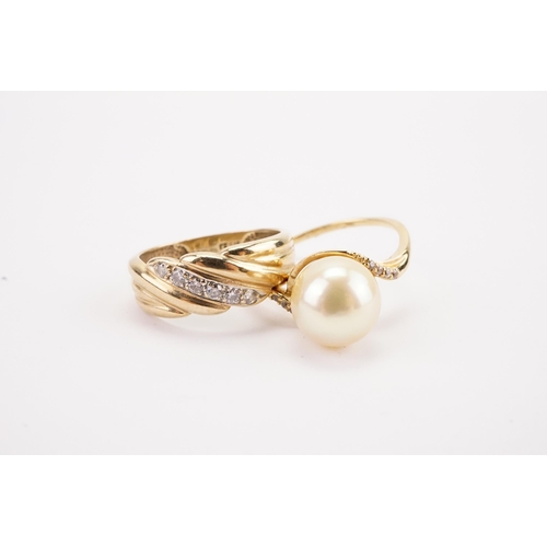 102 - Two 9ct gold rings, set with small diamonds and one with a pearl. Weight 5.1g.