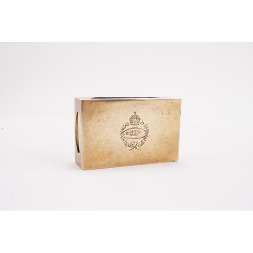 711 - A 9ct gold match stick box holder, engraved with British tank battalion insignia. Weight 13g.