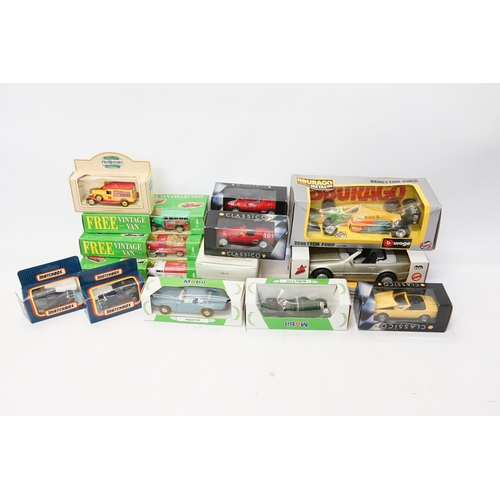 181 - A Box of Boxed Diecast models to include Burago, Corgi, Matchbox, Shell Classico, etc. (15 in Total)... 