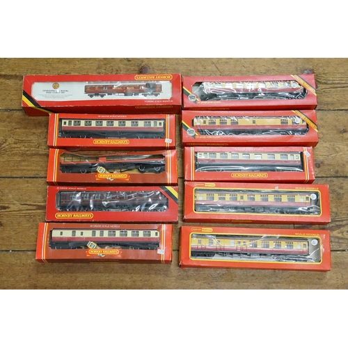 383 - Ten Boxed Hornby Coaches to include a Royal Mail Coach, Car Transporter, BR Coaches, etc.