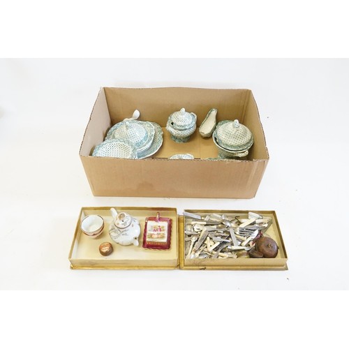 523 - A Victorian Green Transfer decorated Copeland Spode design Miniature Dolls Set to include Tureens, M... 