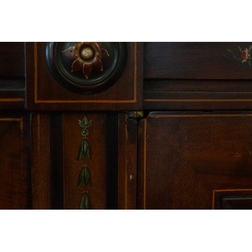 473 - An Edwardian Sheraton Revival design
Mahogany Holly & Painted decorated Wardrobe fitted Three Cupboa... 