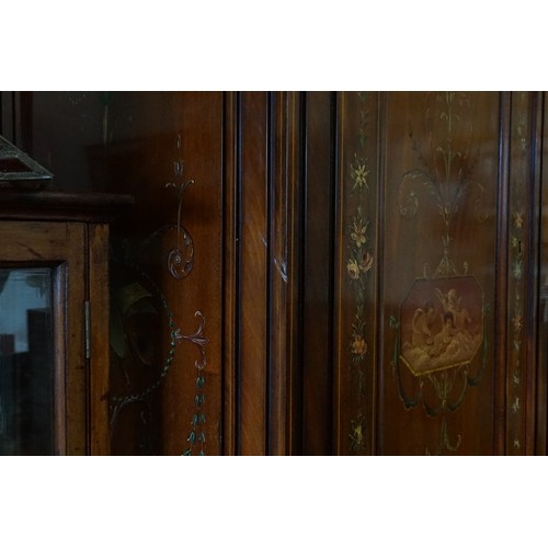 473 - An Edwardian Sheraton Revival design
Mahogany Holly & Painted decorated Wardrobe fitted Three Cupboa... 