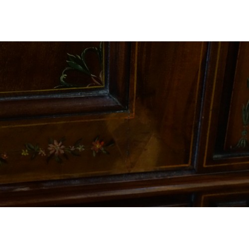 473 - An Edwardian Sheraton Revival design
Mahogany Holly & Painted decorated Wardrobe fitted Three Cupboa... 