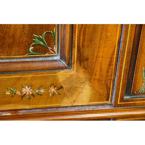 473 - An Edwardian Sheraton Revival design
Mahogany Holly & Painted decorated Wardrobe fitted Three Cupboa... 