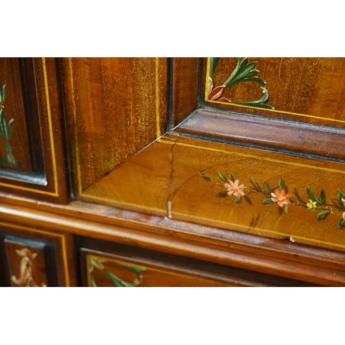 473 - An Edwardian Sheraton Revival design
Mahogany Holly & Painted decorated Wardrobe fitted Three Cupboa... 