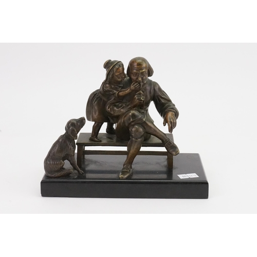 725 - A Bronze French Study of a seated Smoking Gentleman with Pipe with a Young Girl & a Dog looking on. ... 