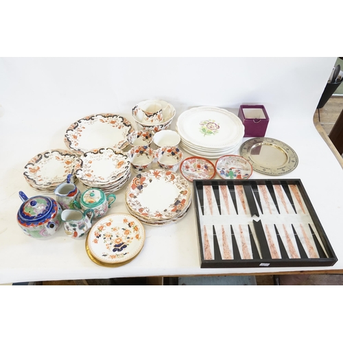 655 - A Set of 6 Floral painted Plates No: 308 with Gilt Borders, Chinese Tea Ware Jugs, a Backgammon Boar... 