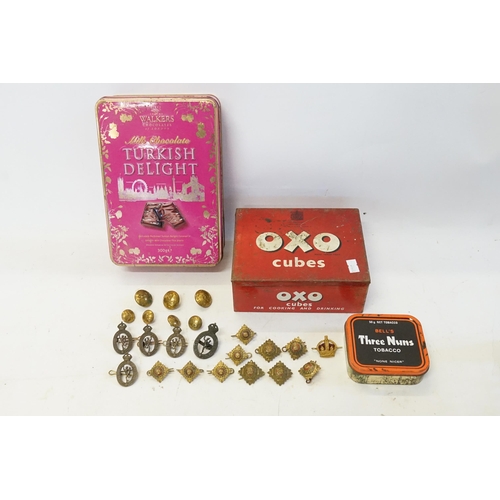 236 - Royal Corps of Signals Cap Badges, Buttons, Crowns along with two vintage tins.