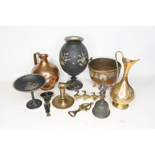 366 - An Indian Temple Bell, a Jerusalem Jug, Indian & other Metal ware.