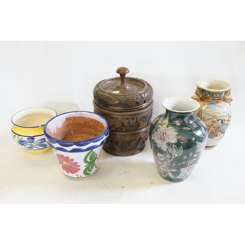 625 - An Indian Turned Wood Food Container, Two Oriental Vases & Two Jardiniere's.